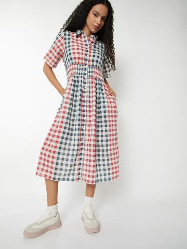 Max Women Checked A-line Shirt Dress(Multicolour_M)