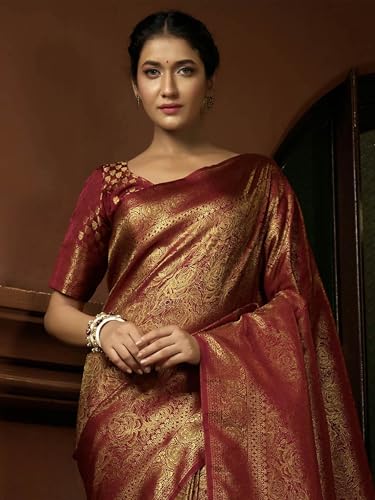 Vardha Women's Kanchipuram Art Silk Saree with Unstitched Blouse Piece - Zari Woven Work Sarees for Wedding (Asya Silk, 393, Maroon)