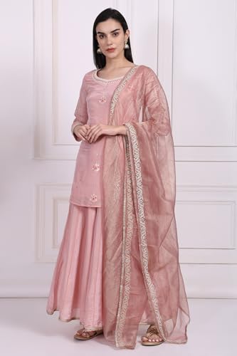 W for Woman Pink Embroidered Zari Embellished Straight Tissue Kurta with Sharara and Dupatta Set (WS13087-224072-S)