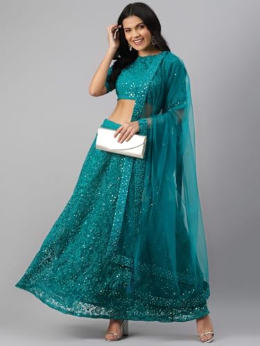 Zeel Clothing Womens Thread Sequins Embroidery Work Soft Net Semi Stitched Lehenga And Choli Set With Dupatta (6017-Teal-Green-Women- Lehenga-Choli; Free Size)