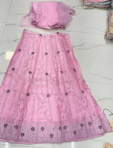 Woman's Jimmichu Embroidery Designer Lehenga Choli with Dupatta With Unstitched Blouse Stylish Design Wedding Lehenga Choli For Women (Pink)