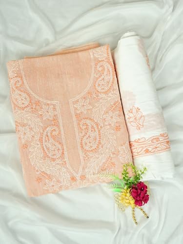 Ada Hand Embroidered Lucknowi Chikankari Unstitched Linen Dress Material Suit Piece with Dupatta for Women 01A885295 Peach