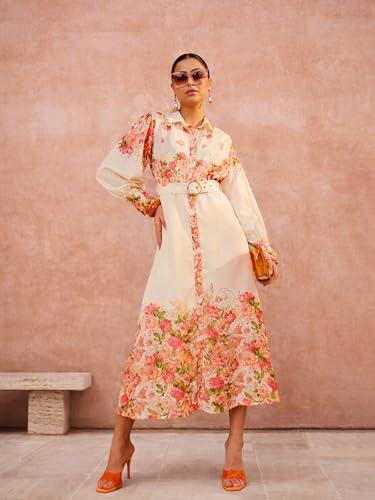 Sassafras Women Off White Floral Midi Belted Shirt Dress-M