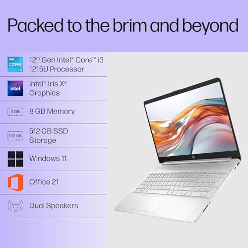 HP 15s, 12th Gen Intel Core i3-1215 Laptop (8GB RAM, 512GB SSD), Anti-Glare, 15.6"/39.6cm, FHD, Win 11, MS Office 2021, Silver, 1.69Kg, Intel UHD Graphics, HD Camera, Dual Speakers, fy5003TU