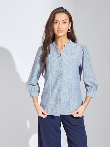 Latin Quarters Women Blue Solid Shirt with Mandarin Collar & Full Sleeves | 100% Polyester Regular Fit Button-Down Top for Casual Wear