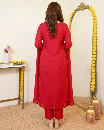 Women's Red Chanderi Embroidered Straight Kurta Set With Dupatta And Pant