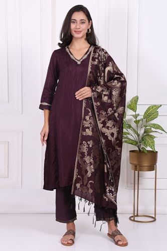 W for Woman Maroon Embroidered Silk Straight Kurta, Pants and Dupatta Set - (WS13298-224278-M)