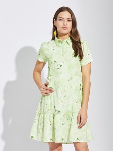 Latin Quarters Women Green Collar Neck Half Sleeves Printed Above Knee Shirt Dress for Casual Wear_M