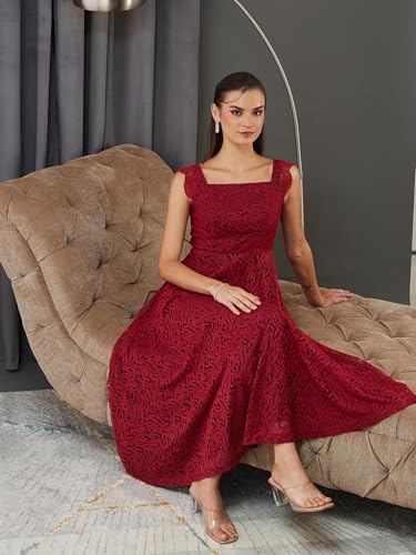 Miss Chase Womens Square Neck Sleeveless Self-Designed Ruffled Midi Lace Dress (MCAW25D86-11-143-02, Maroon, XS)