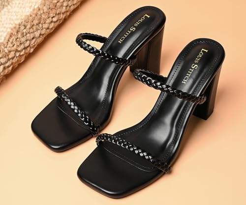 LOUIS STITCH Women's Fashion Slip-On Block Heel Sandals | Open Toe Black Stylish Mule Heel Sandal for Ladies | LSOF-LDBH-WEVSTJB| (UK-6)