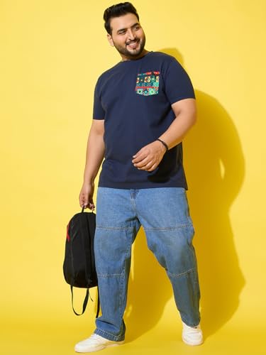 Bigbanana Men Plus Size Printed Navy Round Neck Tshirt (Pouch,Navy,3XL)
