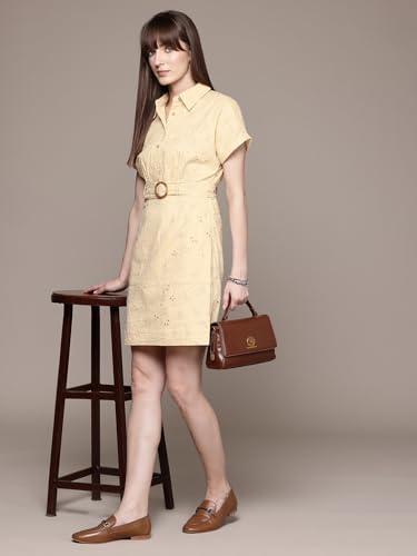 Label RITU KUMAR Ecru Fashion Flair Collar Neck Short Dress with Belt