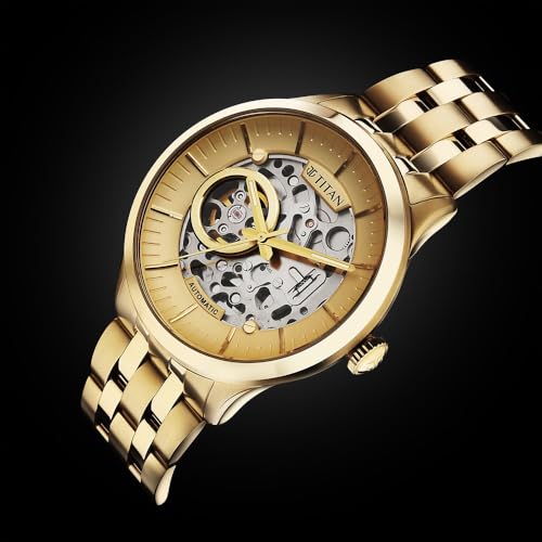 Titan Metal Mechanicals Automatic Gold Dial Gold Titanium Strap Watch for Men - NT90140YM01