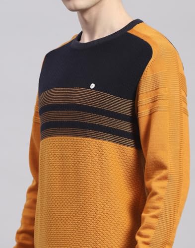 Monte Carlo Mens Mustard Solid Round Neck Full Sleeve Cotton Blend Casual Sweater (1239264RN-2-40)