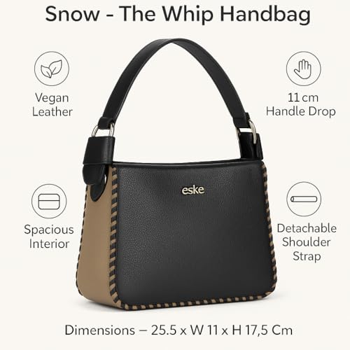 eske Snow Whip Handbag for Women | Stylish Vegan Leather Shoulder Bag with Top Zip Closure | 3 Compartments, Slip Pockets & Magnetic Snap Sides | Detachable Strap | Elegant Tote Purse (Black Stone)