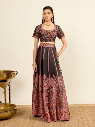 Aarke Ritu Kumar Black Square Neck Blouse With Lehenga And Dupatta