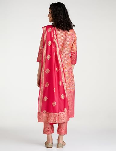 BIBA Polyester Women's Printed Straight Salwar Kurta Dupatta(Skdassorted7566E_Fuchsia_34)