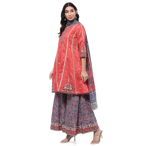 BIBA Women's Coral Polyester Kalidar Suit Set (SKDRUSTICBUTA9460SS24CRL