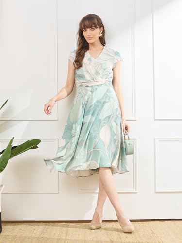 Latin Quarters Women's Green Cap Sleeves V-Neck Casual Printed Dress_S