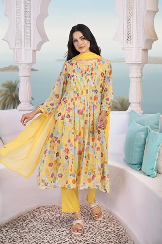 W for Woman Floral Printed Lace Trim Flared Chiffon Kurta with Pant and Dupatta Set - Yellow (WS12923-125894-M)