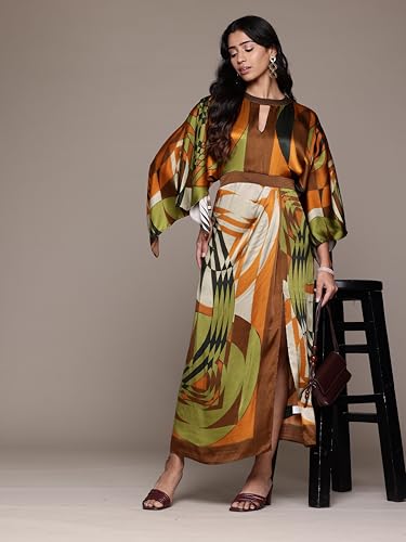 Ritu Kumar Round Neck Half Sleeves Long Dress Brown