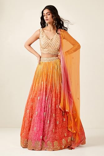 AG Clothing Women's Organza Semi Stitched Lehenga Choli With Dupatta | BAndhani Digital Print With Sequin Embroidery Pattern | Traditional, Wedding, Ethnic Wear Lehenga (AD-SV2o-Orange)