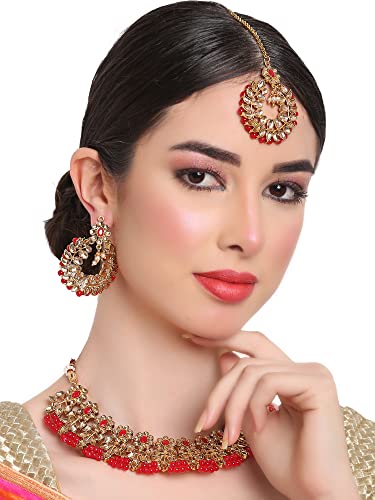 Shining Diva Fashion Latest Stylish Traditional Fancy Kundan Choker Necklace Set for Women (11596s, Red)
