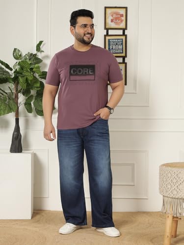 JOHN PRIDE Plus Size Men Regular Fit Printed Short Sleeves Purple Round Neck Stretchable T-Shirt (JPTSR32443_7XL_Purple)