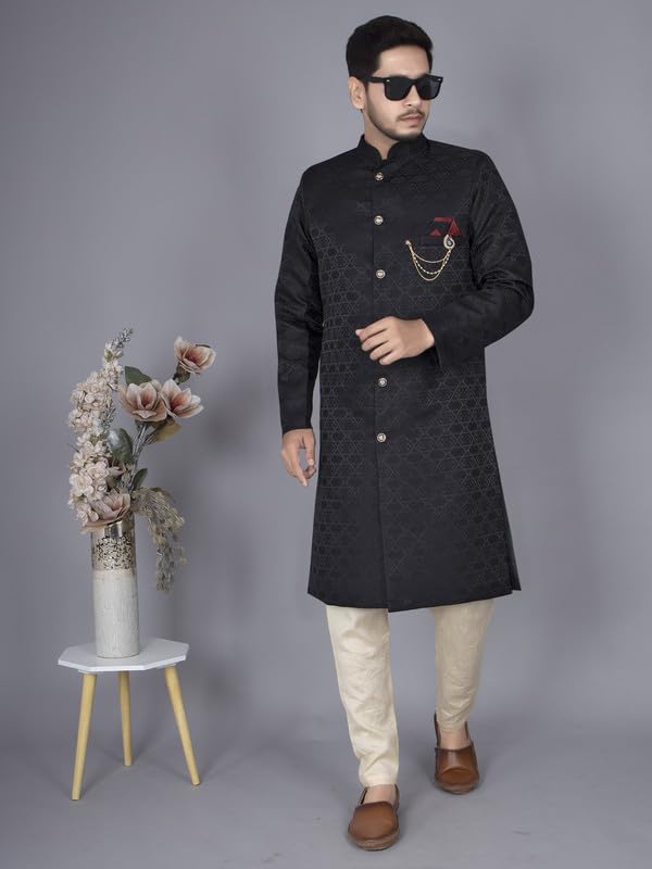 Amzira Mens Ethnic Wear Black Traditional Indo Western Set(Black, XL Size)
