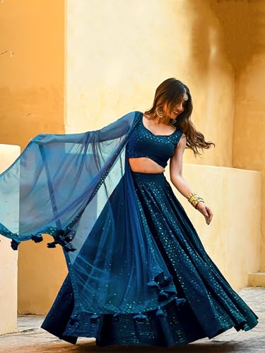 Zeel Clothing Women's Sequins Thread Embroidered Georgette Lehenga Choli With Dupatta (5124-Women-Lehenga-Choli-Latest,Free size) (Blue)