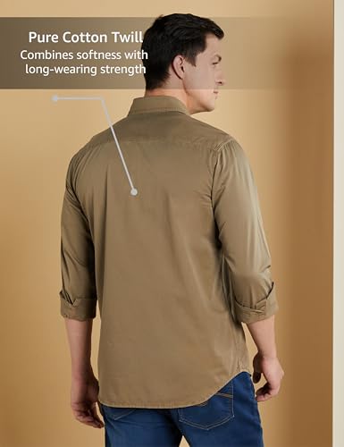 Symbol Premium Men's Casual Washed Cotton Twill Shirt (Regular Fit) (Khaki_L)