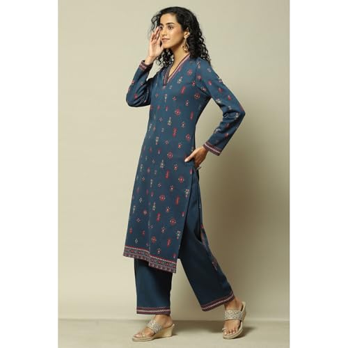 Rangriti Women Cotton Blend Straight Suit Set (WNTRWR18802AW23BLU_Blue