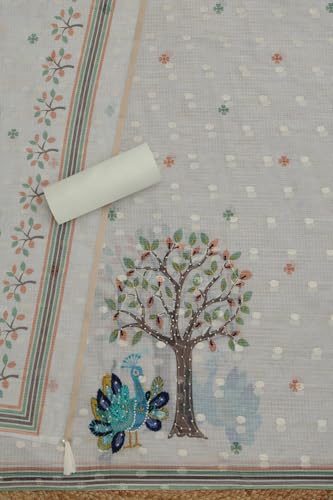 Soch Womens Cream Kota Botanical Print Unstitched Dress Material With Thread Work