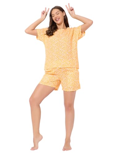 Clovia Women's Rayon Printed Top & Shorts Set (LS0533P02_Yellow_L)