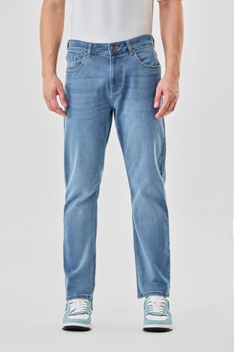 SNITCH Men Jeans | Relaxed Fit Mid Rise Straight Leg | Cotton Blend with Medium Stretch & Stone-Wash Design for Casual Wear & Everyday Comfort | Light Blue