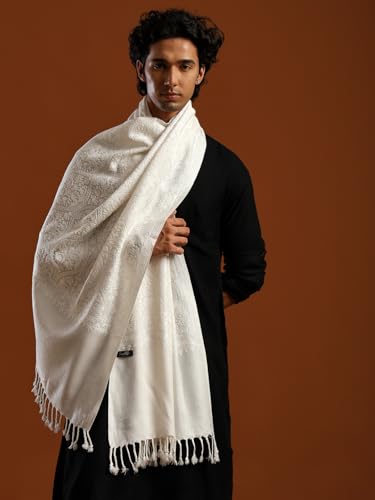 tweedle Wool Blend White Tone to Tone Matka Pattern Stole/Scarf/Muffler for Male with Stone Work for Winters