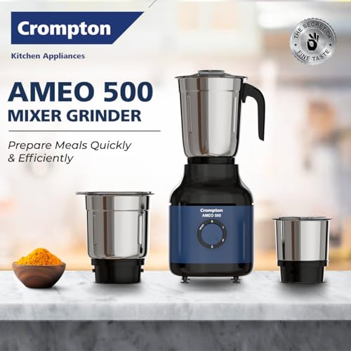 Crompton Ameo 500W Mixer Grinder with Powertron Motor & Motor Vent-X Technology, Robust design (3 Stainless Steel Jars, Blue and Black)