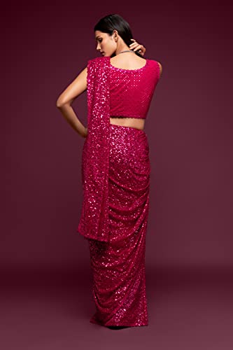 Zeel Clothing Women's Pink Sequins Work Heavy Georgette Saree with Blouse (1003-Hot-Pink-Sequins-Party-Saree, Hot Pink)