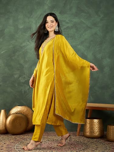 Varanga Women A Gracefully Beaded Yoke Kurta Paired With Solid Trousers And A Matching Dupatta
