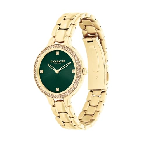 COACH Women Chelsea Qtz Basic Green Round Dial Analog Watch|Ionic Plated Thin Gold Steel Material|Gold Color Band - 14504251