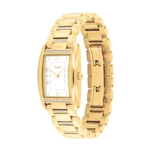 Coach Reese Qtz Basic White Rectangle Dial Women's Watch|Ionic Plated Thin Gold Steel & Crystals Material|Gold Color Band - 14504316