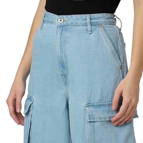 Women Blue High Waist Straight Fit Cargo Jeans