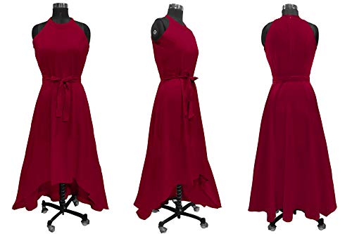 REMO - The Right Choice Women's Halter Neck Maxi Dress, Maroon Red, High-Low Hem with Waist Tie Belt, Sleeveless (in, Alpha, M, Regular)
