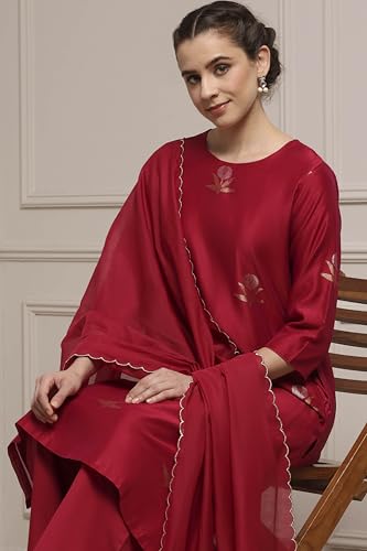 Biba Women Red Chanderi Relaxed Dyed Kurta Pants Set_34