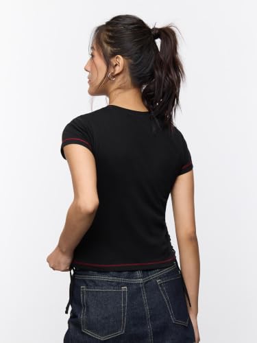 The Souled Store Chemical Romance Women and Girls Short Sleeves Round Neck Black Graphic Printed Cotton Slim Fit Lace-Up Edgy Comfortable All Season Knit Tops