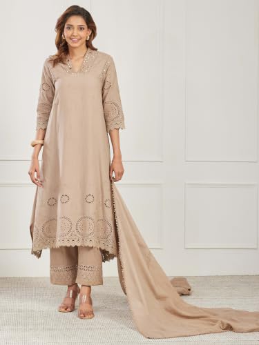 BIBA Embroidered Cotton Asymmetric Casual Kurta With Palazzo And Dupatta