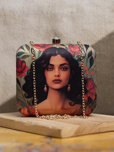 Artklim Green Based Portrait of Indian Women Printed Clutch Bag for Women with Detachable Strap