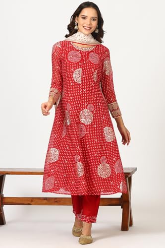 W for Woman Red Bandhej Dot Printed Flared Kurta with Embroidery, Straight Pants and Dupatta Set (Size: XL)-24AUWS11729-124798
