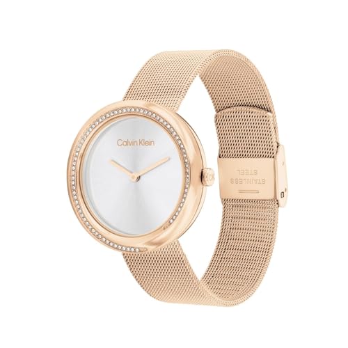 CALVIN KLEIN Twisted Bezel Qtz Basic Slim Silver White Round Dial Women's Watch|Ionic Plated Rose Gold Steel Material|Rose Gold Color Band - 25200312