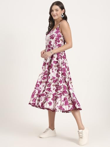 Divena Purple Printed Cotton Shoulder Strap Pompom Dress